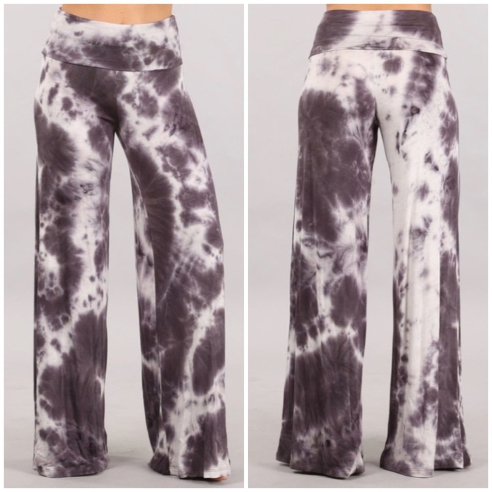 SOLD OUT Taupe Gray Boho Tie Dye Foldover High Waist Wide Leg Palazzo Lounge - Picture 1 of 3
